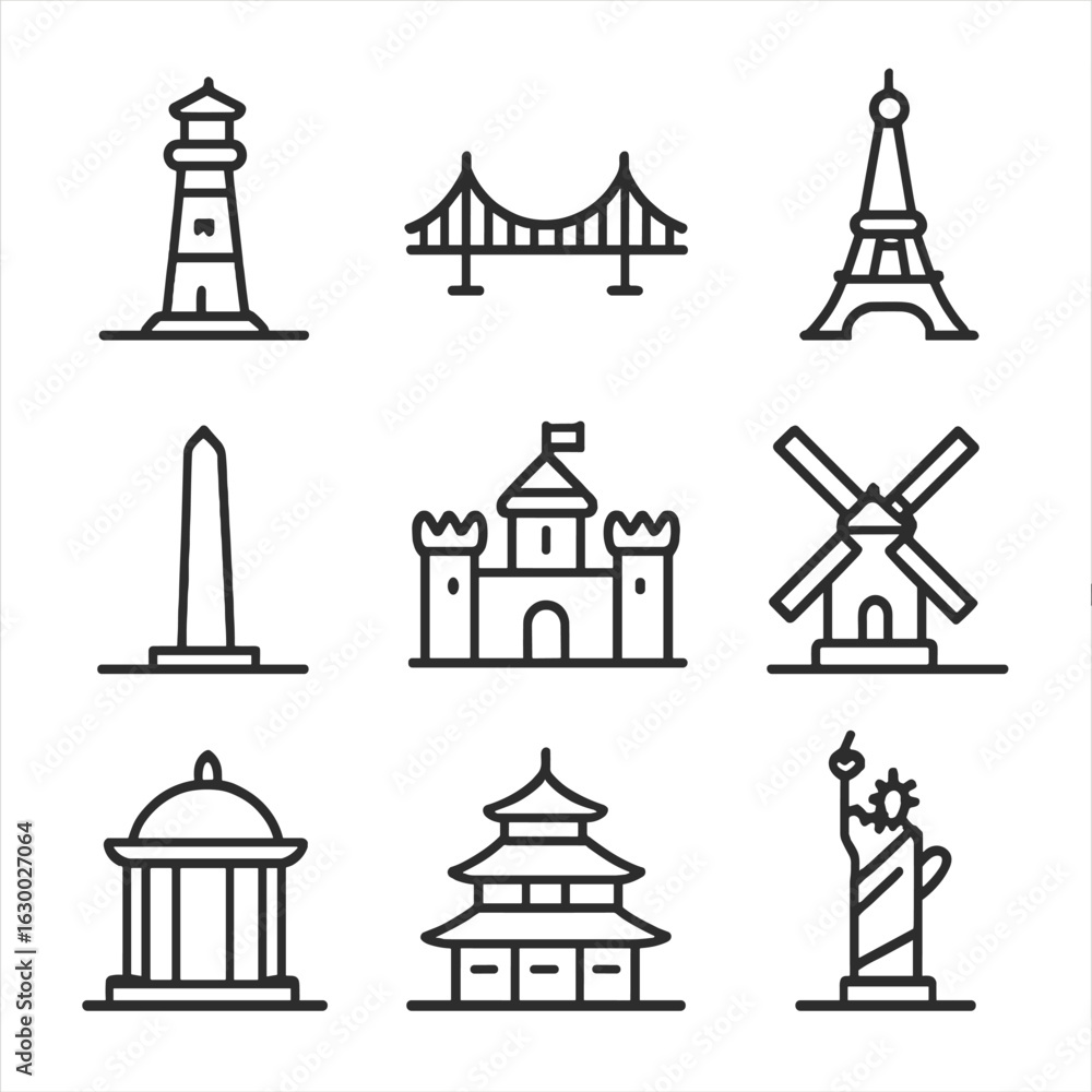 Landmark Outline Icons. Outline icon set of horizon landmarks and structures: lighthouse, bridge, tower, monument, castle, Landmark Outline Icons. Outline icon set of horizon landmarks and structures: lighthouse, bridge, tower, monument, castle,