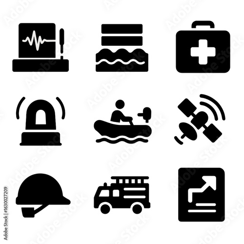 Disaster Response Icons. Solid, filled icons set of Disaster science and response: earthquake seismograph,