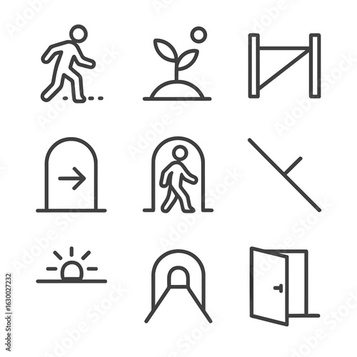 Threshold Concept Icons. Outline icon set of threshold concepts: crossing over, new beginnings, boundary, entry point, transition,