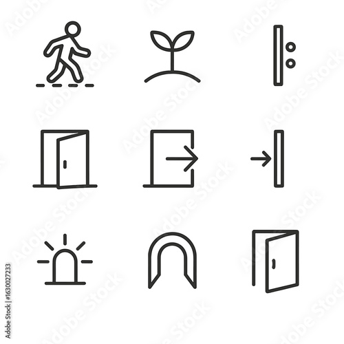 Threshold Concept Icons. Outline icon set of threshold concepts: crossing over, new beginnings, boundary, entry point, transition,