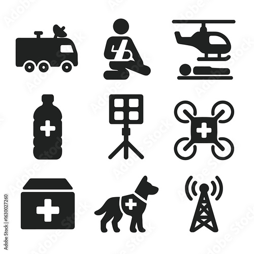 Disaster Response Icons. Solid, filled icons set of disaster response units: mobile command center, injured