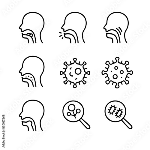 Throat Infections Icons. Outline icon set of throat infections: tonsillitis, pharyngitis, laryngitis, strep throat, cold virus,