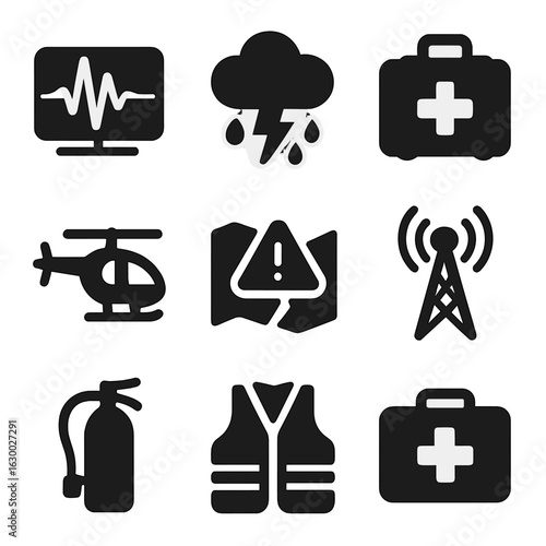 Disaster Science Icons. Solid, filled icons set of Disaster monitoring science: seismic waves, storm cloud,