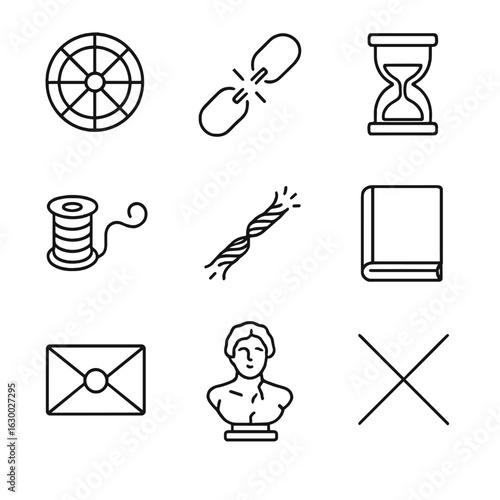 Time and Fate Icons. Outline icon set of time and fate: destiny wheel, broken chain, final hourglass, destiny thread, unraveling
