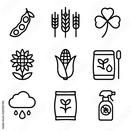Diverse Crop Icons. Outline icon set of crop diversity in rotation: soybean, barley, clover, sunflower, maize,