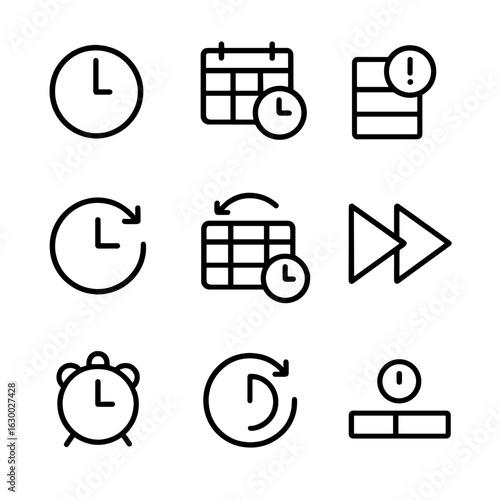 Time Management Icons. Outline icon set of time management tasks: clock icon, time slot, hourly block, delay icon, reschedule