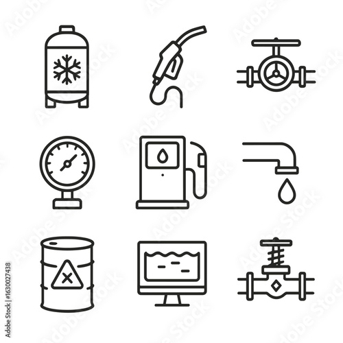 Launch Pad Icons. Outline icon set of launch pad fueling systems: cryogenic tank, fuel hose, valve control, pressure gauge, fuel