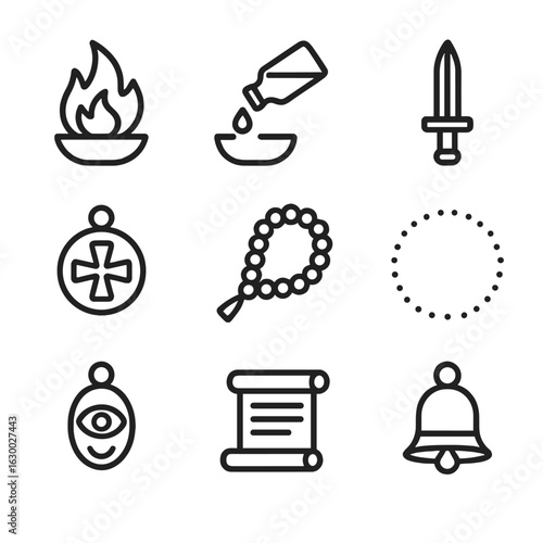 Curse Break Ritual Icons. Outline icon set of curse break rituals: cleansing flame, holy water, silver dagger, protective charm,