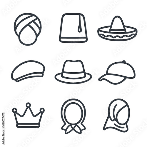 Diverse Headwear Icons. Outline icon set of headwear styles: turban, fez, sombrero, beret, fedora, baseball
