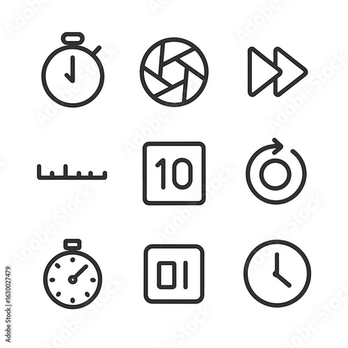 Time Lapse Icons. Outline icon set of time lapse photography: interval timer, camera shutter, timeline bar, fast forward icon,
