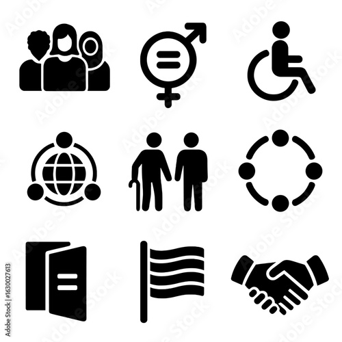 Diversity in Business Icons. Solid, filled icons set of diversity and inclusion in business: multicultural