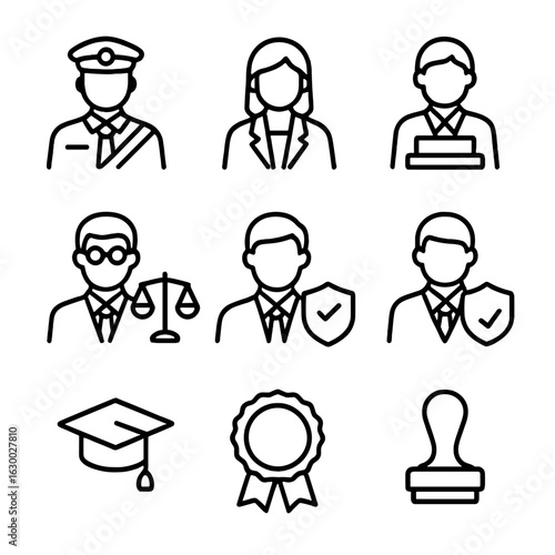 Legal Icons Grid. bailiff, paralegal, court reporter, legal advisor, notary. Line icons in only black color, consistent stroke