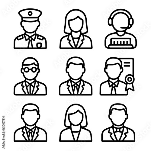 Legal Icons Grid. bailiff, paralegal, court reporter, legal advisor, notary. Line icons in only black color, consistent stroke