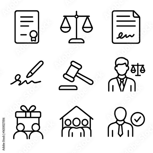 Legal Matters Icons. Outline icon set of kin legal matters: will document, legal scales, contract, signature, court gavel, lawyer,
