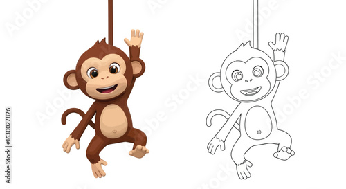 Adorable Three Dimensional Cartoon Monkeys for Kids Coloring Page Fun Printable Activity
