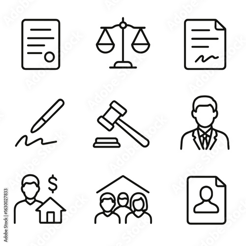 Legal Matters Icons. Outline icon set of kin legal matters: will document, legal scales, contract, signature, court gavel, lawyer,
