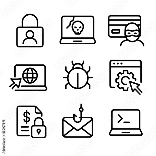 Cybercrime Icon Set. Outline icon set of cybercrime activities: identity theft, data breach, credit card fraud, cyber attack,