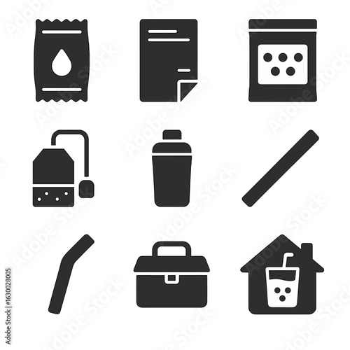 DIY Boba Kit Icons. Solid, filled icons set of DIY boba tea kits: ingredient sachet, instruction sheet, sealed