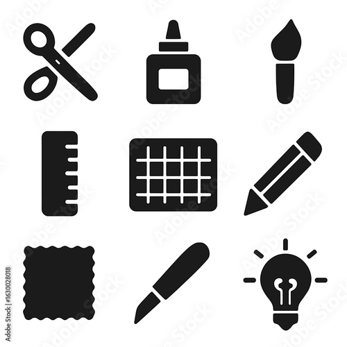 DIY Creativity Icons. Solid, filled icons set of DIY creativity: scissors, glue bottle, paintbrush, ruler,