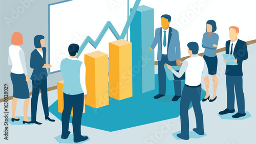Business team analyzing financial growth chart and bar graph in a meeting room with presentation board