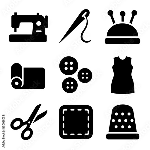 DIY Sewing Icons. Solid, filled icons set of DIY sewing and textile crafts: sewing machine, needle and thread,