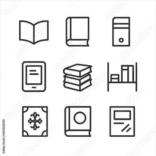 Library Icon Set. Outline icon set of library books: open book, closed book, book spine, ebook reader, book stack, book shelf,