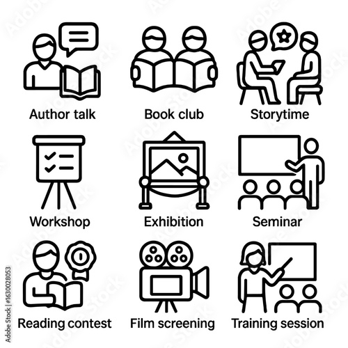 Library Event Icons. Outline icon set of library events: author talk, book club, storytime, workshop, exhibition, seminar, reading
