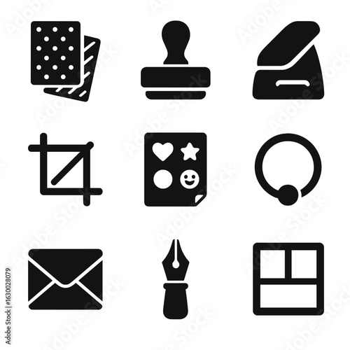 DIY Stationery Icons. Solid, filled icons set of DIY stationery and scrapbooking: patterned paper, stamp pad,