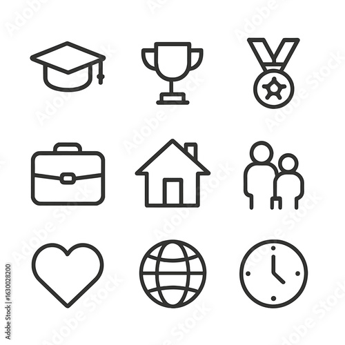 Lifetime Achievement Icons. Outline icon set of lifetime achievements: graduation cap, trophy, medal, briefcase, house, family,