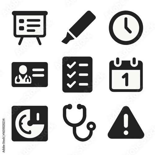 Doctor's Planner Icons. Solid, filled icons set of Doctor’s daily planner: whiteboard, marker pen, clock,
