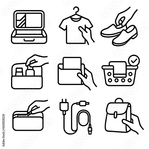 Travel Unpacking Icons. Outline icon set of travel unpacking: open luggage, hang clothes, remove shoes, unpack toiletries, place