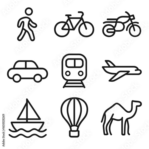 Travel Mode Icons. Outline icon set of modes of travel: walking, bicycle, motorcycle, car, train, airplane, boat, hot air balloon,