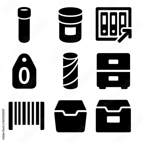 Document Storage Icons. Solid, filled icons set of document storage and retrieval: archive tube, labeled cap,
