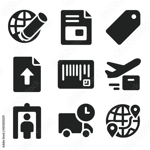 Document Shipping Icons. Solid, filled icons set of international document shipping: globe with tube, customs