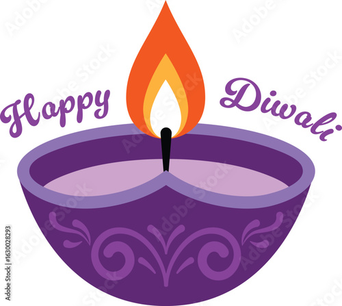 Diwali diya with elegant swirl and glowing flame. Includes 'Happy Diwali' text. Perfect for Indian festive cards, invitations, and digital banners.