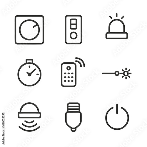 Light Control Icons. Outline icon set of light controls: dimmer switch, on/off switch, light sensor, timer, remote control,