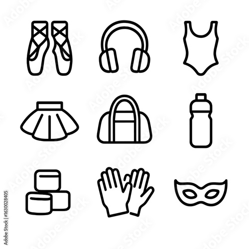 Dance Accessories Icons. Outline icon set of dance accessories: ballet shoes, headphones, costume, tutu, dance bag, water bottle,