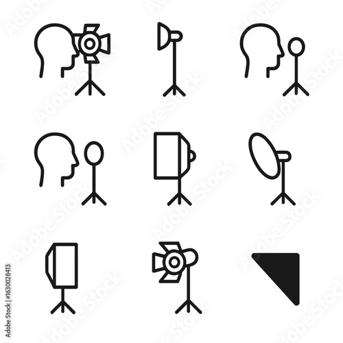 Lighting Icon Set. Outline icon set of lighting highlights: key light, fill light, rim light, backlight, softbox, reflector,