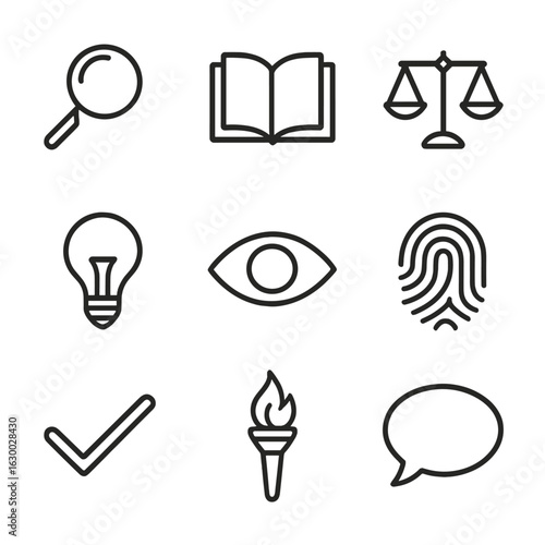 Truth Concept Icons. Outline icon set of truth concepts: magnifying glass, open book, scales of justice, light bulb, eye,