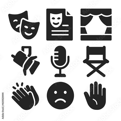 Dramatic Icons Grid. Solid, filled icons set of drama and acting: theater mask, script, stage, spotlight,