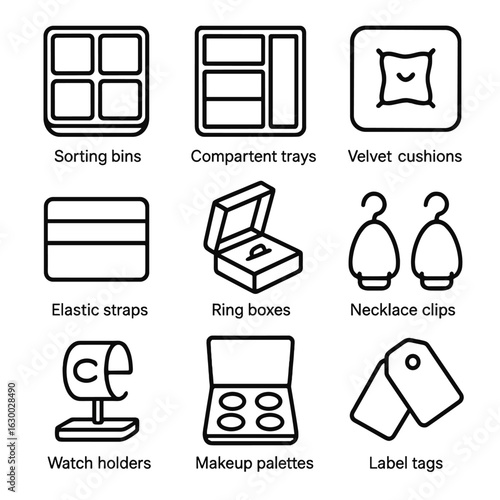 Drawer Accessory Icons. Outline icon set of drawer accessory management: sorting bins, compartment trays,