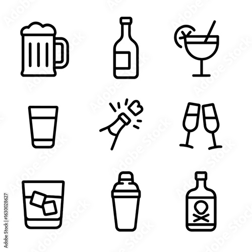Drink Icon Set. Outline icon set of Drinking culture: beer stein, wine bottle, cocktail with fruit, shot glass