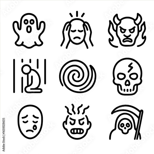 Underworld Emotions Icons. Outline icon set of underworld emotions and concepts: fear, despair, torment, wrath, darkness, curse,