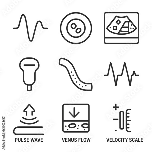 Ultrasound Icon Set. Outline icon set of Doppler ultrasound: blood flow wave, vessel cross-section, color Doppler map, velocity