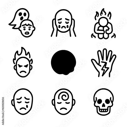 Underworld Emotions Icons. Outline icon set of underworld emotions and concepts: fear, despair, torment, wrath, darkness, curse,
