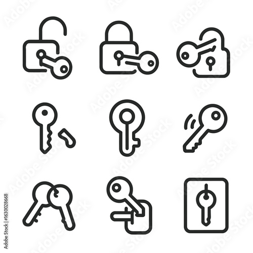 Lock and Key Icons. Outline icon set of lock and key interactions: unlocking key, inserting key, turning key, broken key, key in
