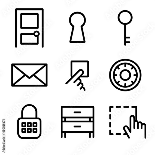 Locked Puzzle Icons. Outline icon set of locked room puzzles: locked door, keyhole, old key, sealed envelope, hidden switch, safe