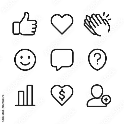 Live Stream Icons. Outline icon set of live stream interactions: thumbs up, heart, clapping hands, emoji face, live chat, question