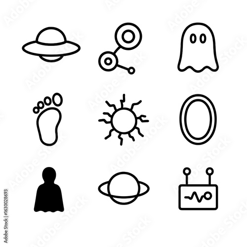 Unexplained Phenomena Icons. Outline icon set of unexplained phenomena: UFO silhouette, crop circle pattern, ghost apparition,