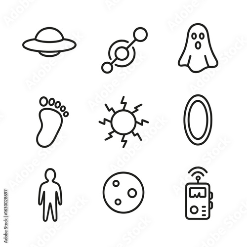 Unexplained Phenomena Icons. Outline icon set of unexplained phenomena: UFO silhouette, crop circle pattern, ghost apparition,